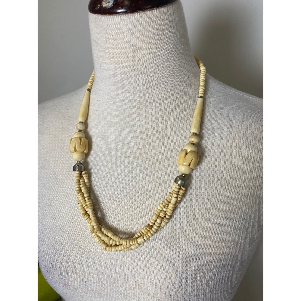 Vintage Carved Bone Necklace Multi Strand Beaded Boho Cream Off White Statement